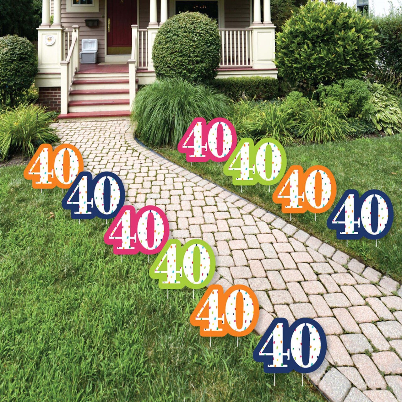 Big Dot of Happiness 40th Birthday - Cheerful Happy Birthday - Lawn Decorations - Outdoor Colorful Fortieth Birthday Party Yard Decorations - 10 Piece